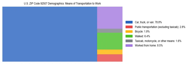 Treemap showing means of transportation to work distribution in US ZIP Code 92507.