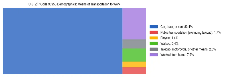 Treemap showing means of transportation to work distribution in US ZIP Code 93955.