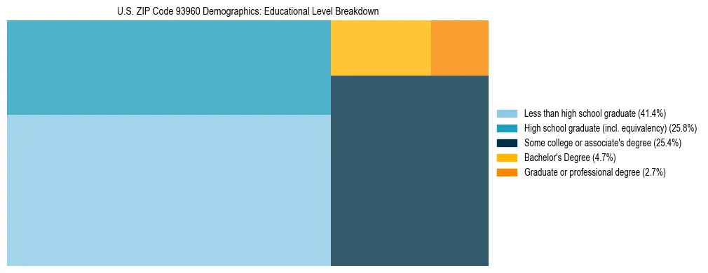 Treemap chart illustrating the educational attainment breakdown for population 25 years and over in US ZIP Code 93960.