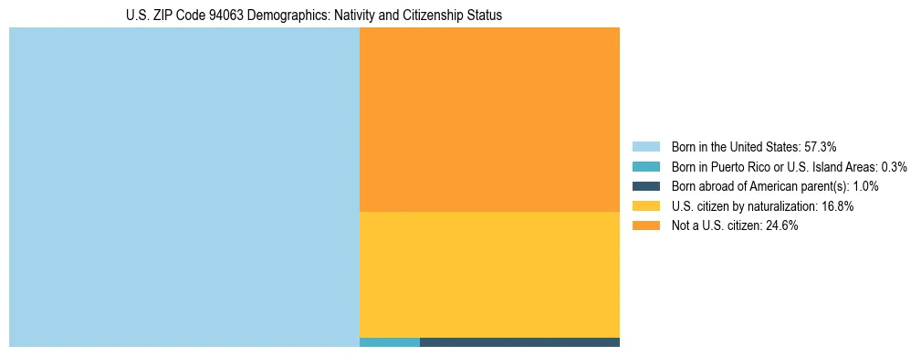 Treemap showing the population distribution by nativity and citizenship status in US ZIP Code 94063 based on U.S. Census data.