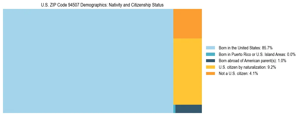 Treemap showing the population distribution by nativity and citizenship status in US ZIP Code 94507 based on U.S. Census data.