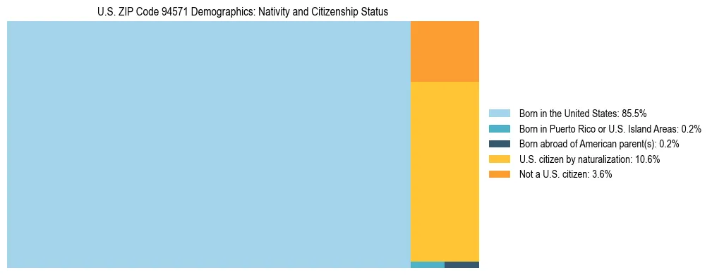 Treemap showing the population distribution by nativity and citizenship status in US ZIP Code 94571 based on U.S. Census data.