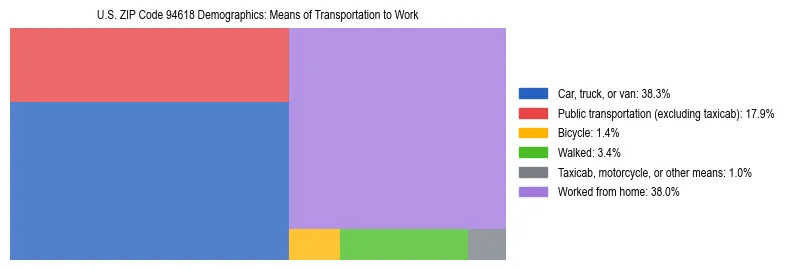 Treemap showing means of transportation to work distribution in US ZIP Code 94618.
