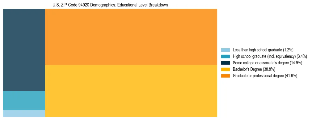 Treemap chart illustrating the educational attainment breakdown for population 25 years and over in US ZIP Code 94920.