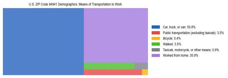 Treemap showing means of transportation to work distribution in US ZIP Code 94941.