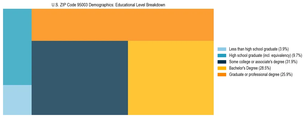 Treemap chart illustrating the educational attainment breakdown for population 25 years and over in US ZIP Code 95003.