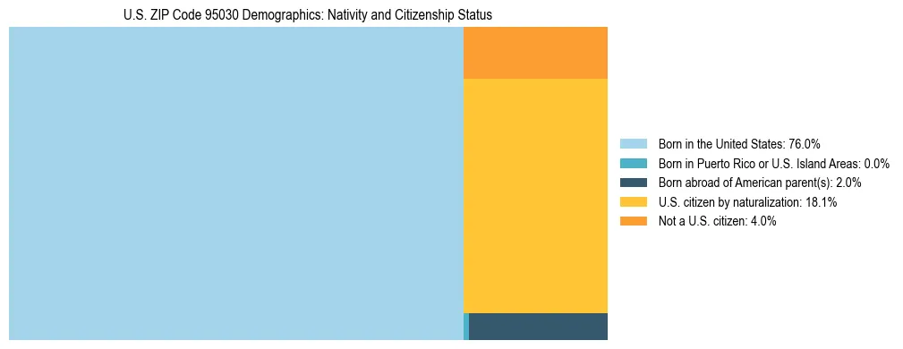 Treemap showing the population distribution by nativity and citizenship status in US ZIP Code 95030 based on U.S. Census data.