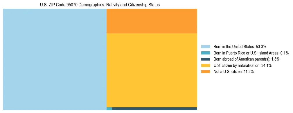 Treemap showing the population distribution by nativity and citizenship status in US ZIP Code 95070 based on U.S. Census data.