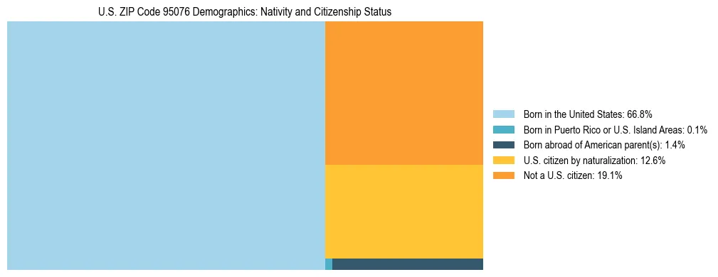 Treemap showing the population distribution by nativity and citizenship status in US ZIP Code 95076 based on U.S. Census data.
