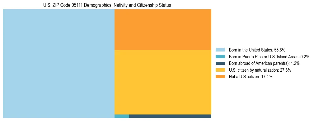 Treemap showing the population distribution by nativity and citizenship status in US ZIP Code 95111 based on U.S. Census data.