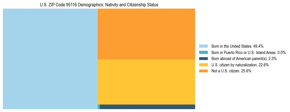 Treemap showing the population distribution by nativity and citizenship status in US ZIP Code 95116 based on U.S. Census data.