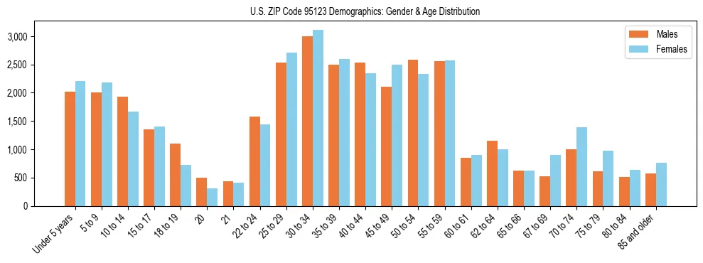 Bar chart showing the population distribution of US ZIP Code 95123 by age group and gender, based on 2023 ACS data.