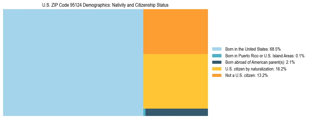 Treemap showing the population distribution by nativity and citizenship status in US ZIP Code 95124 based on U.S. Census data.