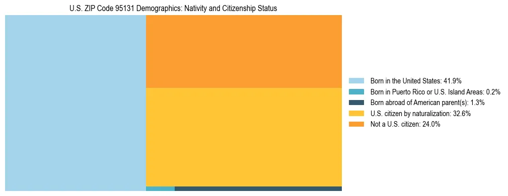 Treemap showing the population distribution by nativity and citizenship status in US ZIP Code 95131 based on U.S. Census data.