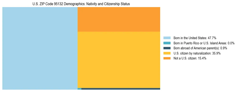Treemap showing the population distribution by nativity and citizenship status in US ZIP Code 95132 based on U.S. Census data.
