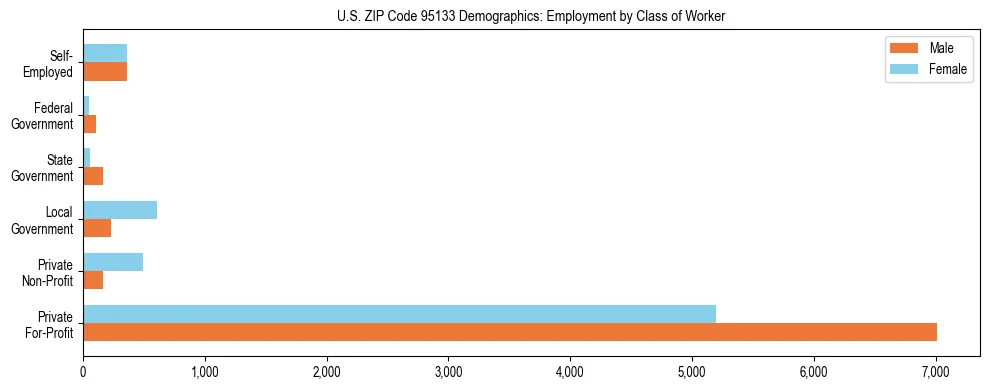 Horizontal bar chart showing employment distribution by class of worker and gender in US ZIP Code 95133, based on 2023 ACS data.