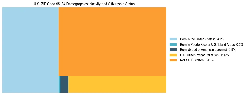 Treemap showing the population distribution by nativity and citizenship status in US ZIP Code 95134 based on U.S. Census data.