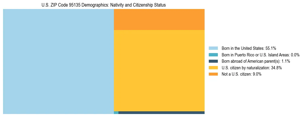 Treemap showing the population distribution by nativity and citizenship status in US ZIP Code 95135 based on U.S. Census data.