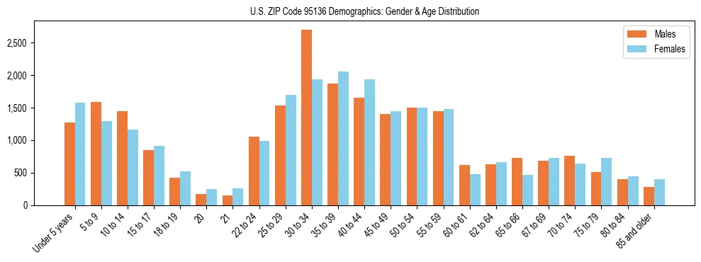 Bar chart showing the population distribution of US ZIP Code 95136 by age group and gender, based on 2023 ACS data.