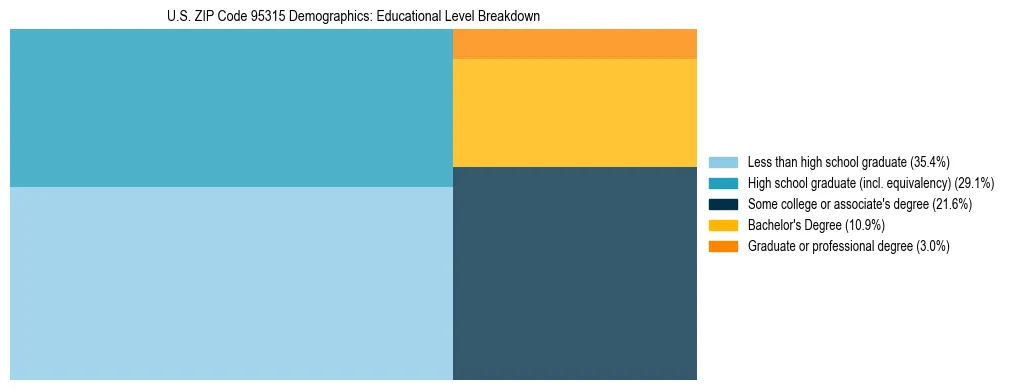 Treemap chart illustrating the educational attainment breakdown for population 25 years and over in US ZIP Code 95315.