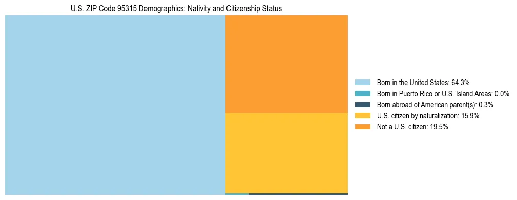 Treemap showing the population distribution by nativity and citizenship status in US ZIP Code 95315 based on U.S. Census data.