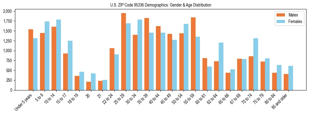Bar chart showing the population distribution of US ZIP Code 95336 by age group and gender, based on 2023 ACS data.