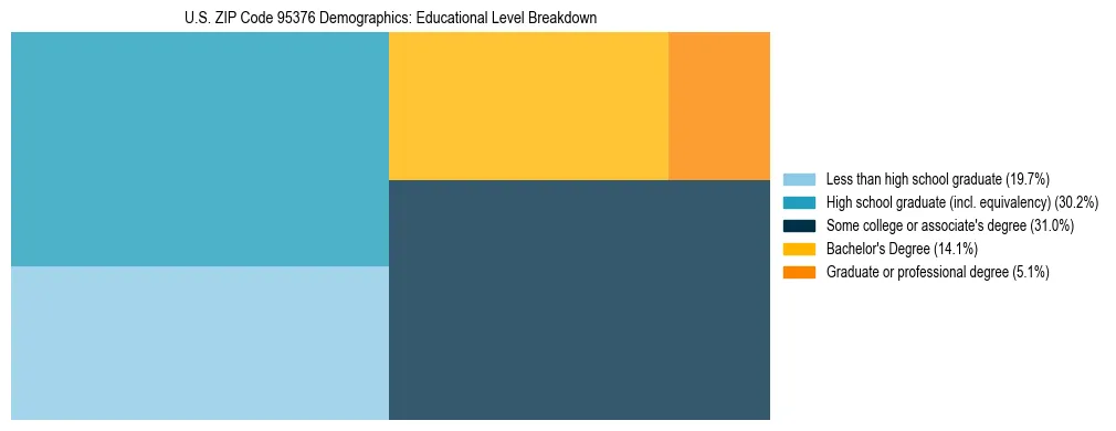 Treemap chart illustrating the educational attainment breakdown for population 25 years and over in US ZIP Code 95376.