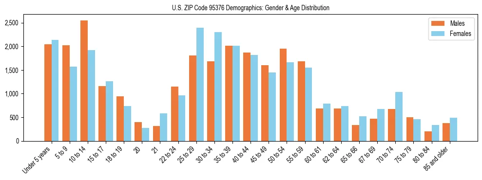 Bar chart showing the population distribution of US ZIP Code 95376 by age group and gender, based on 2023 ACS data.