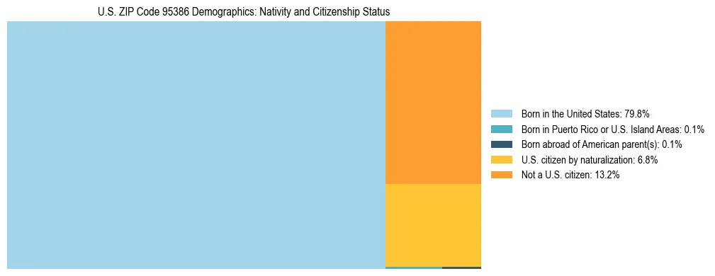 Treemap showing the population distribution by nativity and citizenship status in US ZIP Code 95386 based on U.S. Census data.