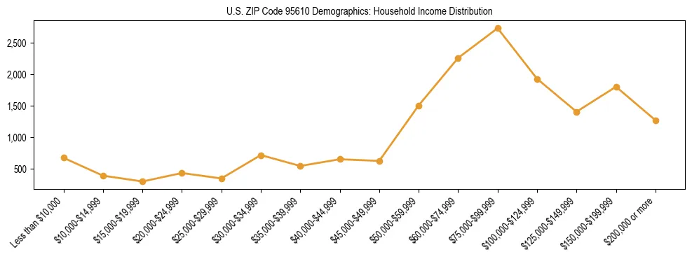 Horizontal bar chart showing household income distribution in US ZIP Code 95610.