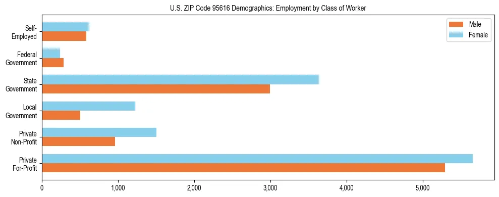 Horizontal bar chart showing employment distribution by class of worker and gender in US ZIP Code 95616, based on 2023 ACS data.