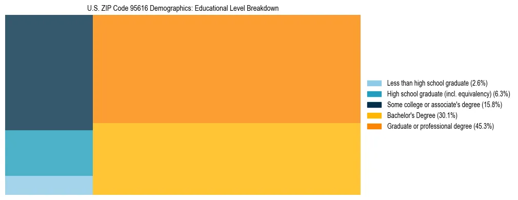 Treemap chart illustrating the educational attainment breakdown for population 25 years and over in US ZIP Code 95616.