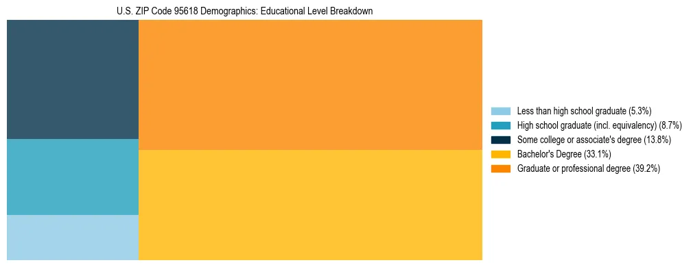 Treemap chart illustrating the educational attainment breakdown for population 25 years and over in US ZIP Code 95618.