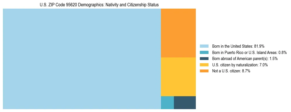 Treemap showing the population distribution by nativity and citizenship status in US ZIP Code 95620 based on U.S. Census data.