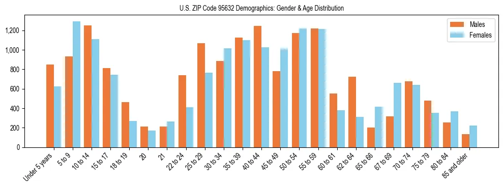 Bar chart showing the population distribution of US ZIP Code 95632 by age group and gender, based on 2023 ACS data.