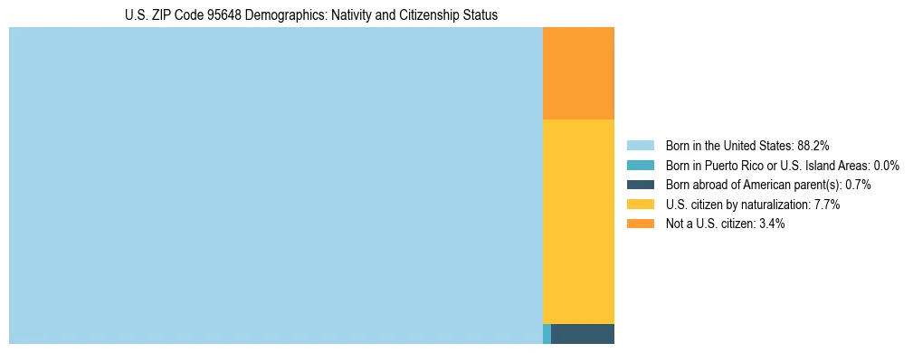 Treemap showing the population distribution by nativity and citizenship status in US ZIP Code 95648 based on U.S. Census data.