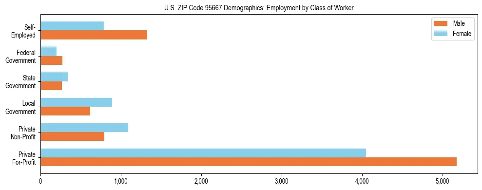 Horizontal bar chart showing employment distribution by class of worker and gender in US ZIP Code 95667, based on 2023 ACS data.