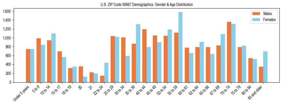 Bar chart showing the population distribution of US ZIP Code 95667 by age group and gender, based on 2023 ACS data.