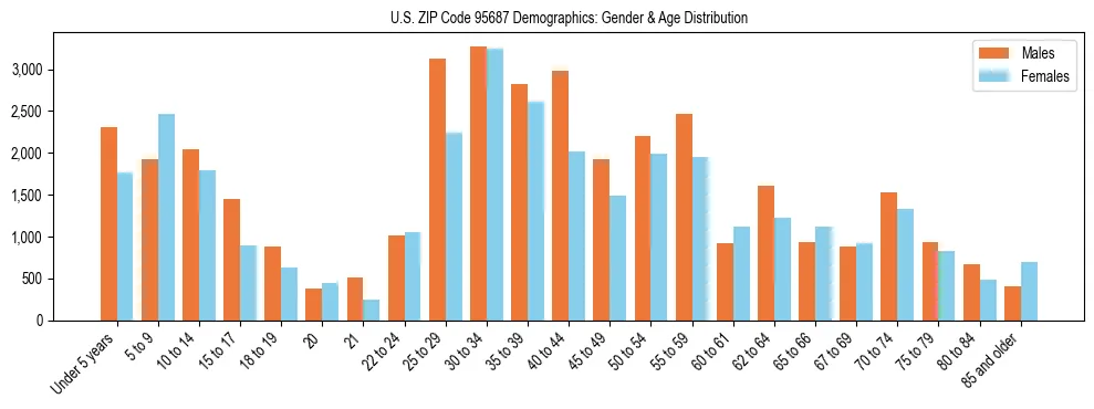 Bar chart showing the population distribution of US ZIP Code 95687 by age group and gender, based on 2023 ACS data.