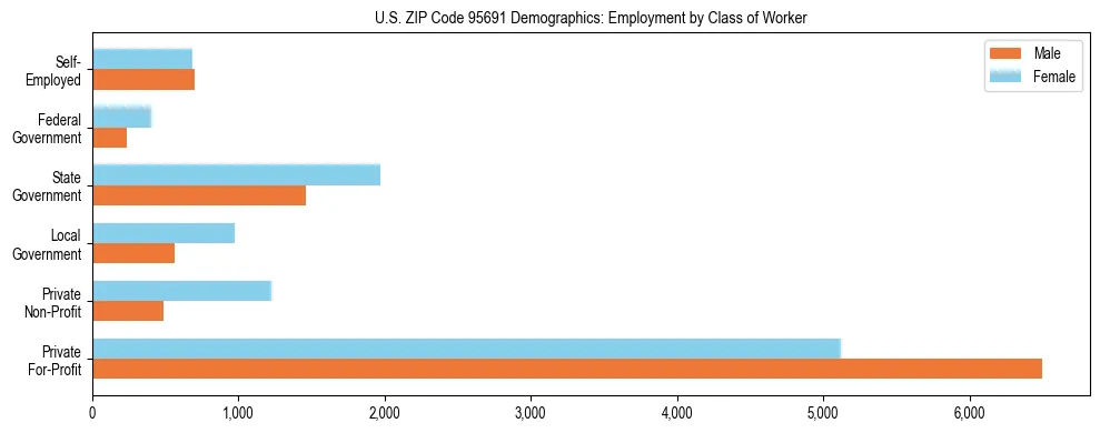 Horizontal bar chart showing employment distribution by class of worker and gender in US ZIP Code 95691, based on 2023 ACS data.