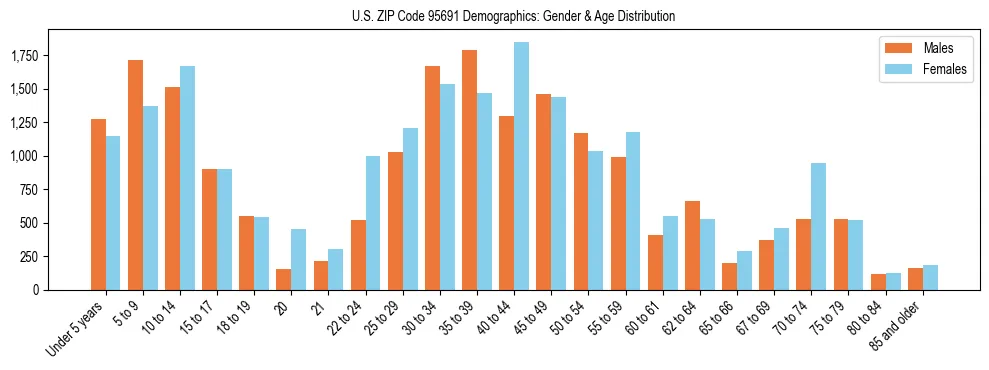 Bar chart showing the population distribution of US ZIP Code 95691 by age group and gender, based on 2023 ACS data.