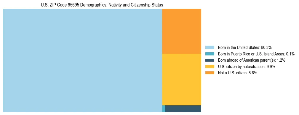 Treemap showing the population distribution by nativity and citizenship status in US ZIP Code 95695 based on U.S. Census data.