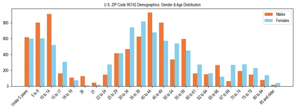 Bar chart showing the population distribution of US ZIP Code 95742 by age group and gender, based on 2023 ACS data.