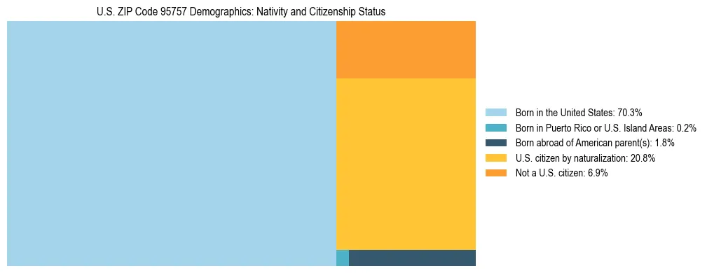 Treemap showing the population distribution by nativity and citizenship status in US ZIP Code 95757 based on U.S. Census data.