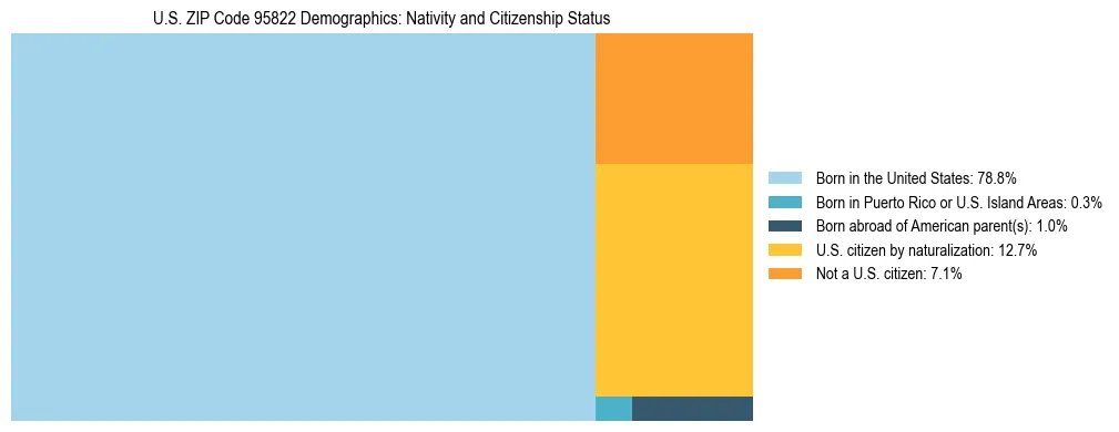Treemap showing the population distribution by nativity and citizenship status in US ZIP Code 95822 based on U.S. Census data.
