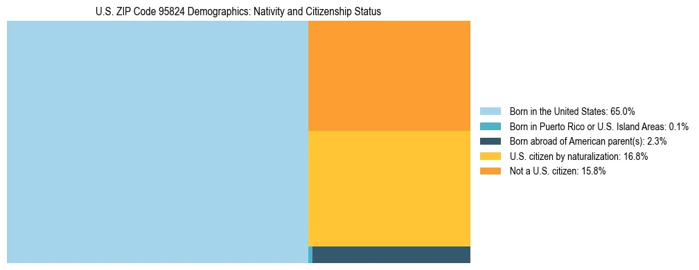 Treemap showing the population distribution by nativity and citizenship status in US ZIP Code 95824 based on U.S. Census data.