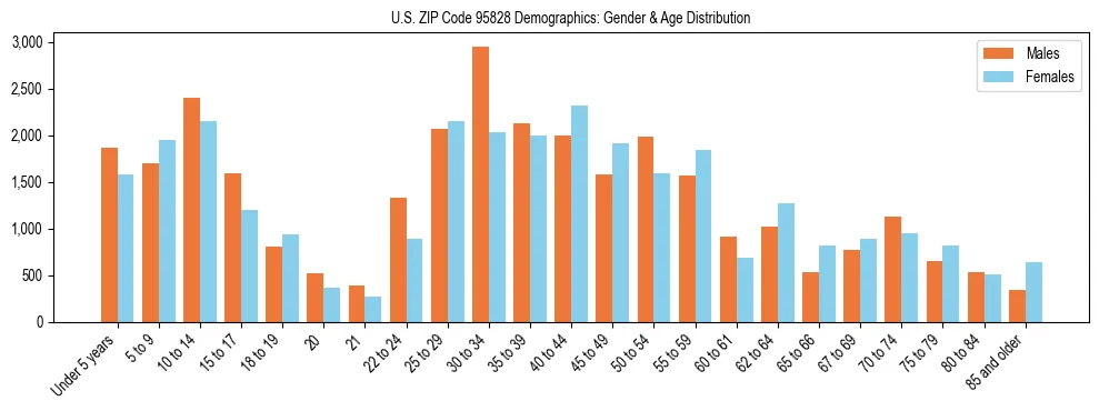 Bar chart showing the population distribution of US ZIP Code 95828 by age group and gender, based on 2023 ACS data.