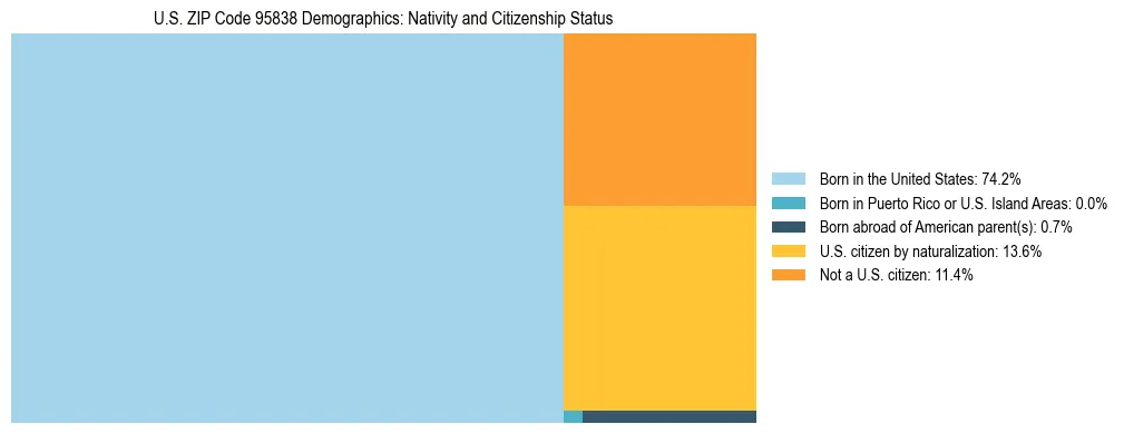 Treemap showing the population distribution by nativity and citizenship status in US ZIP Code 95838 based on U.S. Census data.