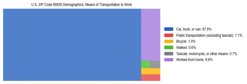 Treemap showing means of transportation to work distribution in US ZIP Code 95838.