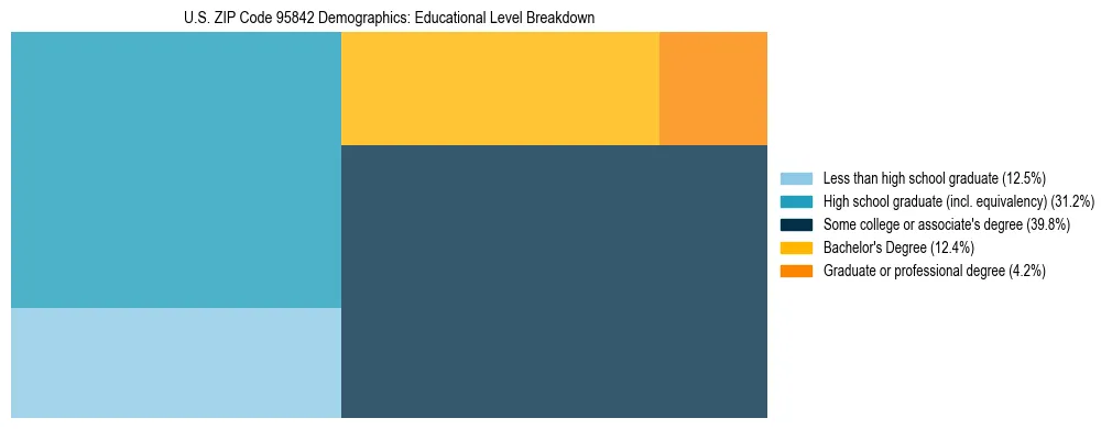 Treemap chart illustrating the educational attainment breakdown for population 25 years and over in US ZIP Code 95842.
